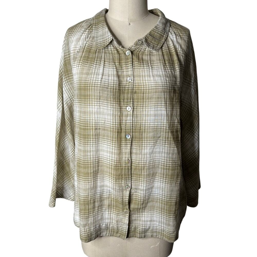 Wrap London Olive Green Plaid Check Cotton Blouse Button Down Shirt US 8
